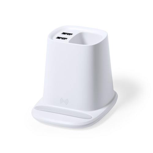 Ładowarka bezprzewodowa 5W, hub USB 2.0, pojemnik na przybory do pisania, stojak na telefon biały V0145-02 (3)