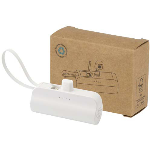 Alnair powerbank o pojemności 5000 mAh i mocy 10 W, wykonany z tworzyw sztucznych pochodzących z recyklingu, z wbudowaną podstawką i kablem 2 w 1 Biały 12447201 (5)