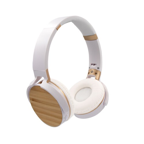 Składane bezprzewodowe słuchawki nauszne, bambusowe elementy biały V0190-02 