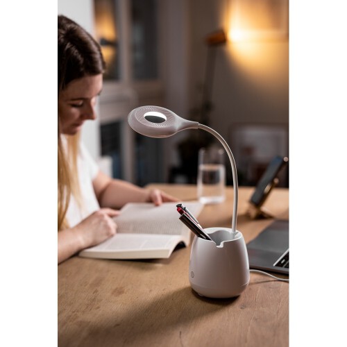 Lampka na biurko, głośnik bezprzewodowy 3W, stojak na telefon, pojemnik na przybory do pisania biały V0188-02 (10)