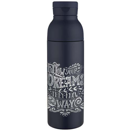 Illuminate butelka na wodę ze stali nierdzewnej z recyklingu o podwójnych ściankach i 3-częściowym zestawie zakrętek o pojemności 650 ml z certyfikatem RCS Granatowy 10089055 (1)