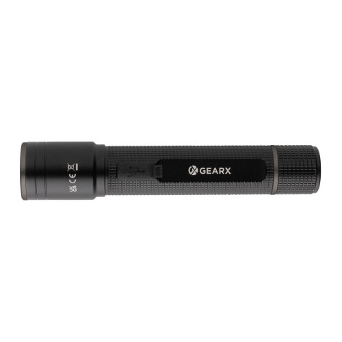 Kieszonkowa latarka Gear X, ładowana przez USB, aluminium z recyklingu czarny P513.901 (1)