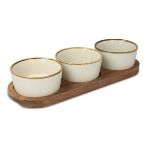 InSideOut Drewniany stojak z 3 ceramicznymi okrągłymi miskami