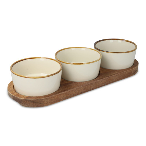 InSideOut Drewniany stojak z 3 ceramicznymi okrągłymi miskami Ecru LT57208-N0054 (1)