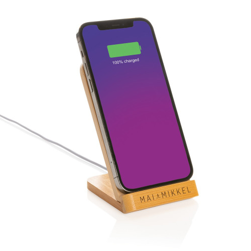 Bambusowa ładowarka bezprzewodowa 5W, stojak na telefon Brązowy P308.359 (2)