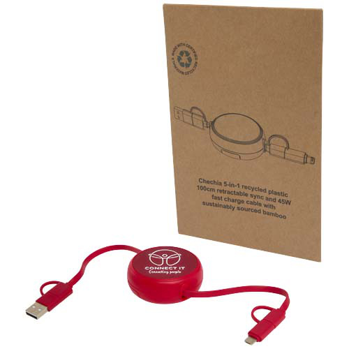 Alasia zwijany kabel do synchronizacji danych i szybkiego ładowania 5 w 1 45 W o długości 100 cm z tworzyw sztucznych i aluminium pochodzących z recyklingu Czerwony 12442021 (1)