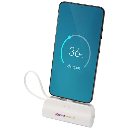Alnair powerbank o pojemności 5000 mAh i mocy 10 W, wykonany z tworzyw sztucznych pochodzących z recyklingu, z wbudowaną podstawką i kablem 2 w 1 Biały 12447201 (1)