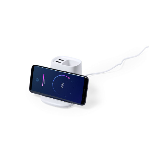 Ładowarka bezprzewodowa 5W, hub USB, pojemnik na przybory do pisania, stojak na telefon Biały V0145-02 