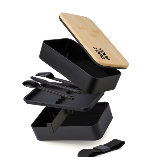 Pudełka śniadaniowe 2 w 1, 2x400 ml, bambusowe wieczko, sztućce Czarny V1215-03 (12)