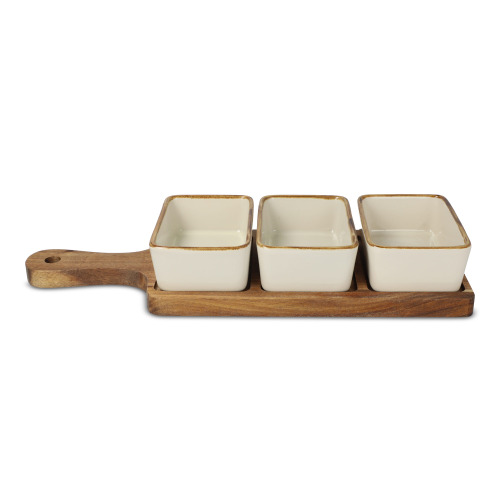 InSideOut Drewniana deska do serwowania z 3 ceramicznymi miskami Ecru LT57207-N0054 