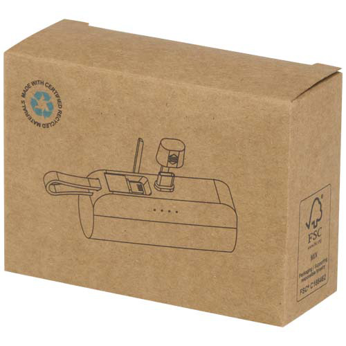 Alnair powerbank o pojemności 5000 mAh i mocy 10 W, wykonany z tworzyw sztucznych pochodzących z recyklingu, z wbudowaną podstawką i kablem 2 w 1 Biały 12447201 (2)