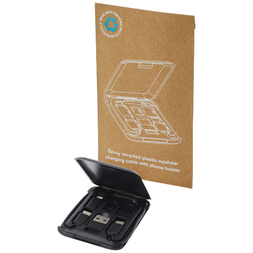 Savvy modułowy kabel do ładowania z tworzyw sztucznych pochodzących z recyklingu z uchwytem na telefon Czarny 12436190 (5)
