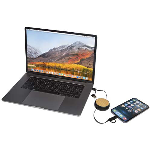 Chechia zwijany kabel do synchronizacji danych i szybkiego ładowania 5 w 1 45 W o długości 100 cm z tworzyw sztucznych pochodzących z recyklingu z detalami z bambusa Czarny 12441990 (7)