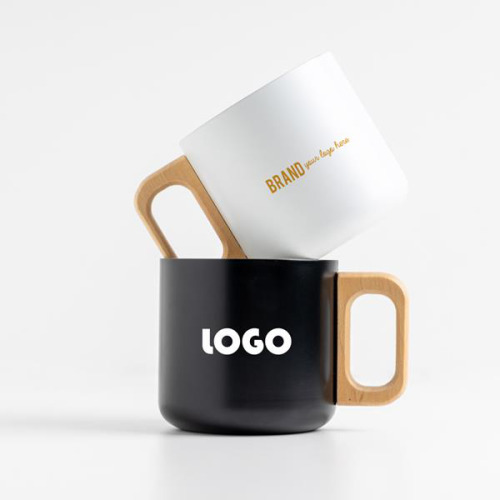 Kubek ze stali nierdzewnej o podwójnych ściankach o pojemności 350 ml, drewniany uchwyt / Neosteel Biały IP37072000 (10)