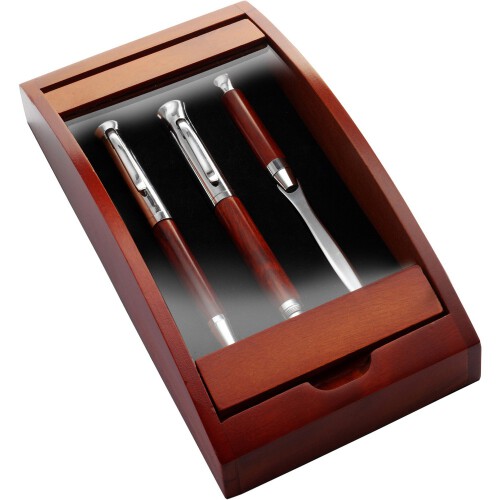 Zestaw piśmienny, długopis, pióro wieczne i nóż do listów drewno V1265-17 