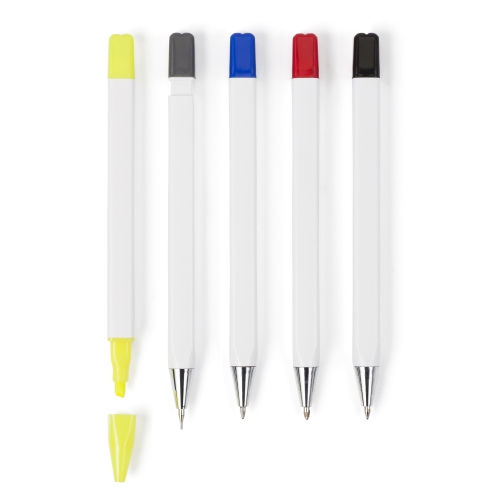 Ołówek, zakreślacz i 3 długopisy biały V1314-02 (2)