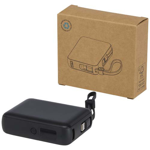 Acrux powerbank do tabletu o pojemności 10 000 mAh i mocy 35 W z wbudowanym kablem typu C - wykonany z tworzyw sztucznych pochodzących z recyklingu. Czarny 12445090 