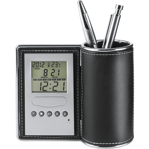 Pojemnik na długopisy, zegar wielofunkcyjny czarny V2227-03 (3)