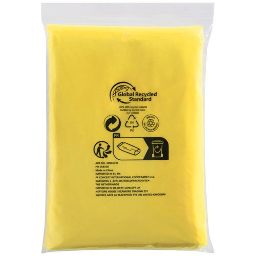 Mayan jednorazowe poncho przeciwdeszczowe z recyklingu z certyfikatem GRS, z pokrowcem do przechowywania  Żółty 10941711 (2)