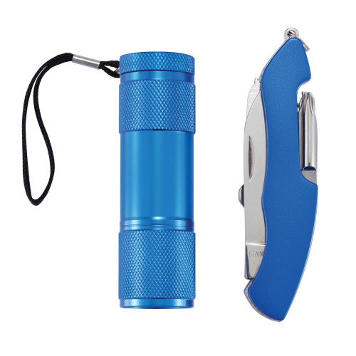 Zestaw narzędzi Quattro, scyzoryk wielofunkcyjny 13 el., latarka Niebieski P221.195 (1)