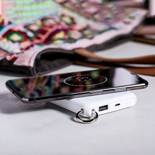 Bezprzewodowy power bank 5000 mAh, ładowarka bezprzewodowa 5W, brelok Biały V0306-02 (5)