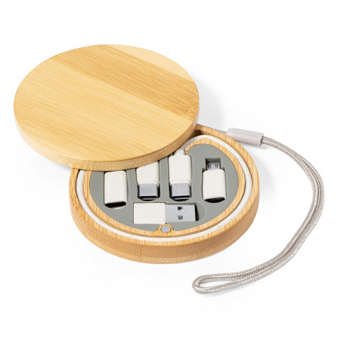 Kabel do ładowania i synchronizacji ze słomy pszenicznej, 3 adaptery w komplecie, bambusowe etui z zawieszką Neutralny V1361-00 