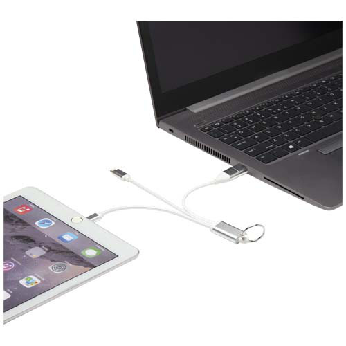 Metal kabel do ładowania 4 w 1 z aluminium z recyklingu z łańcuchem do kluczy Srebrny 12438281 (2)