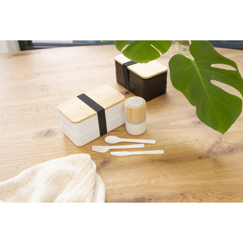 Pudełka śniadaniowe 2 w 1, 2x400 ml, bambusowe wieczko, sztućce Czarny V1215-03 (17)