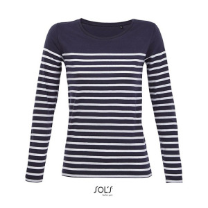 Koszulka Damska Klasyczna Bawełniana w Paski Długi Rękaw - White & Navy