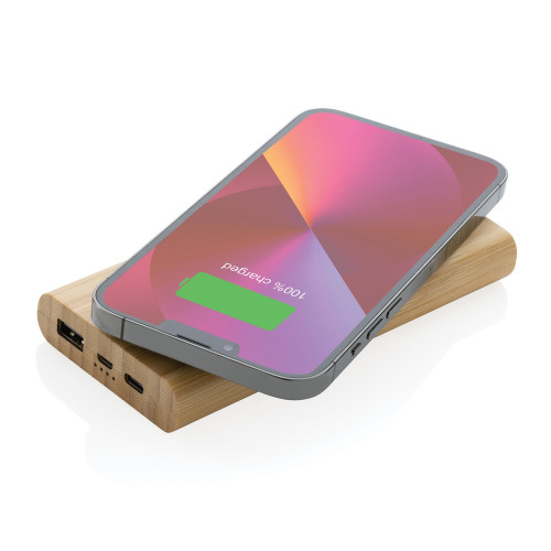 Bambusowy, bezprzewodowy power bank 8000 mAh, ładowarka bezprzewodowa 5W Brązowy P322.359 (1)