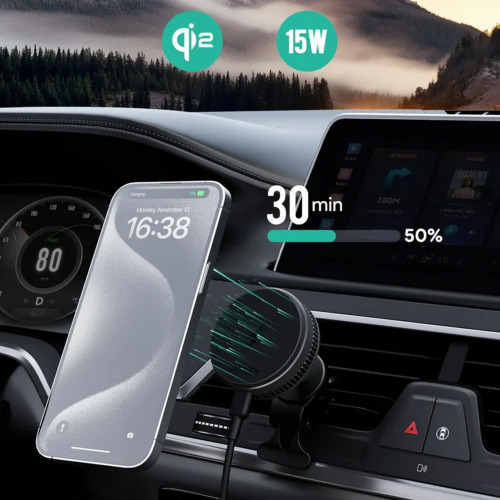 Samochodowy uchwyt do telefonu, magnetyczna ładowarka bezprzewodowa 15W Aukey Czarny VAM09-03 (4)