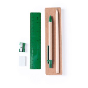 Zestaw szkolny, ołówek, długopis, gumka, temperówka, linijka zielony