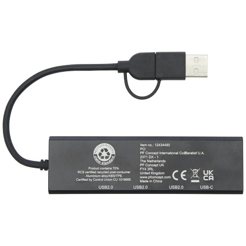 Rise hub USB 2.0 z aluminium pochodzącego z recyklingu z certyfikatem RCS Czarny 12434490 (4)