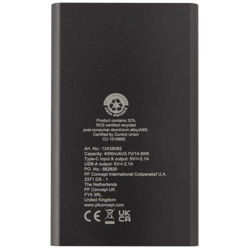 Pep powerbank o pojemności 4000 mAh Type-C z aluminium pochodzącego z recyklingu Tytanowy 12438082 (4)