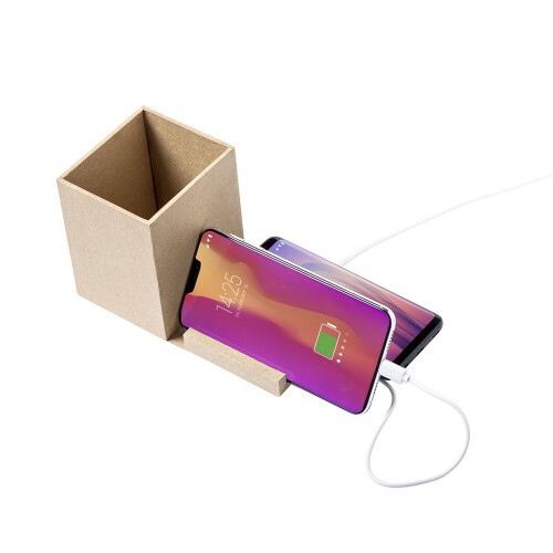 Składana ładowarka bezprzewodowa 5W z kartonu z recyklingu, hub USB 2.0, pojemnik na przybory do pisania, stojak na telefon neutralny V0178-00 (3)