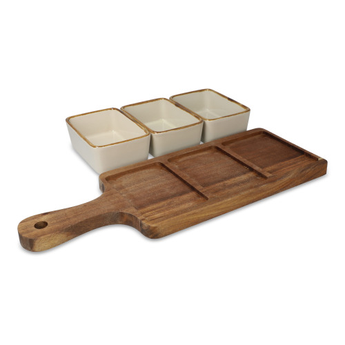 InSideOut Drewniana deska do serwowania z 3 ceramicznymi miskami Ecru LT57207-N0054 (2)