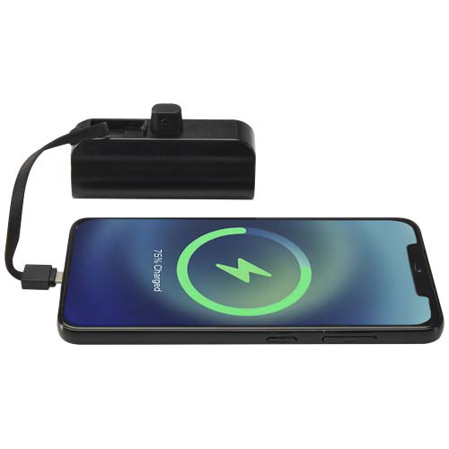 Alnair powerbank o pojemności 5000 mAh i mocy 10 W, wykonany z tworzyw sztucznych pochodzących z recyklingu, z wbudowaną podstawką i kablem 2 w 1 Czarny 12447290 (6)