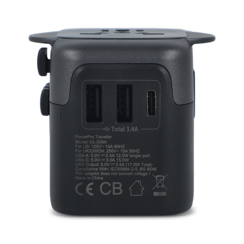 Adapter podróżny PowerPro wykonany z plastiku pochodzącego z recykling Czarny LT41029-N0002 (7)