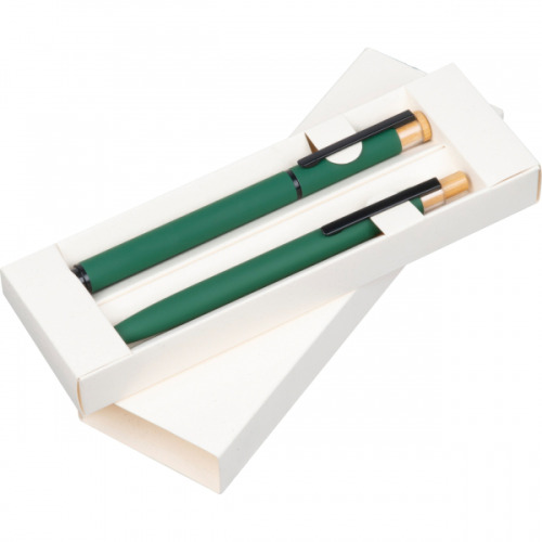 Zestaw piśmienny długopis i pióro kulkowe z aluminium z recyklingu RAFFAELE Ciemnozielony 1470699 