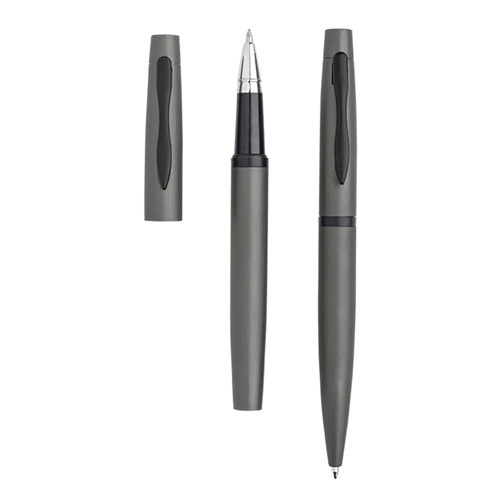 Zestaw piśmienny - metalowy długopis i pióro kulkowe / Mety Ciemnoszary IP33037896 