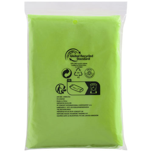 Mayan jednorazowe poncho przeciwdeszczowe z recyklingu z certyfikatem GRS, z pokrowcem do przechowywania  Limonka 10941763 (2)