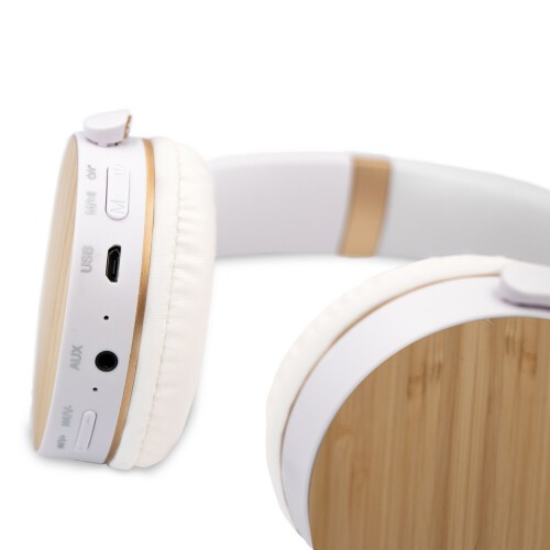 Składane bezprzewodowe słuchawki nauszne, bambusowe elementy biały V0190-02 (6)