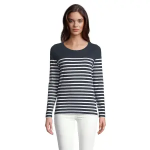 Koszulka Damska Klasyczna Bawełniana w Paski Długi Rękaw - White & Navy