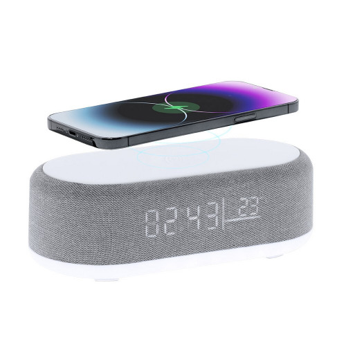 Ładowarka bezprzewodowa 15W, głośnik bezprzewodowy 5W, zegar, lampka LED Szary VA614-19 