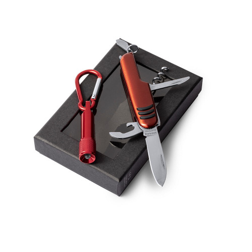 Zestaw narzędzi, narzędzie wielofunkcyjne, scyzoryk (7 el.), latarka 1 LED z karabińczykiem Czerwony V7710-05 (8)