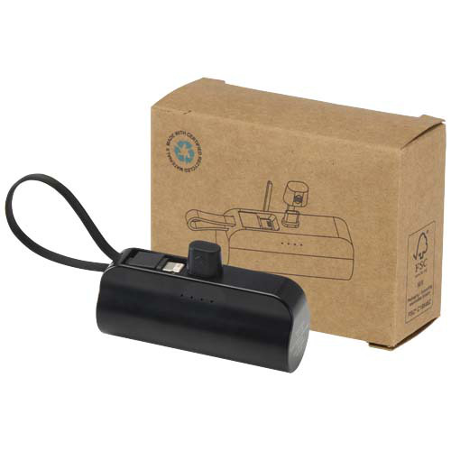 Alnair powerbank o pojemności 5000 mAh i mocy 10 W, wykonany z tworzyw sztucznych pochodzących z recyklingu, z wbudowaną podstawką i kablem 2 w 1 Czarny 12447290 (5)