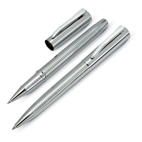 Metalowy długopis i cienkopis srebrny błyszczący KC6615-17 (4)