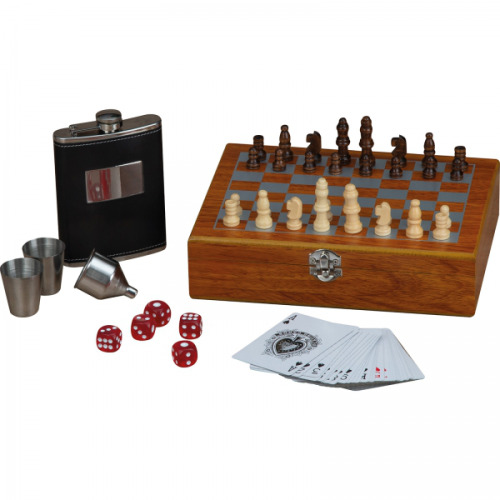 Zestaw piersiówka, szachy, karty i kości GRACE Brązowy 6078601 (4)