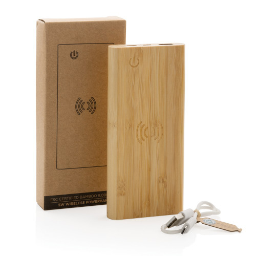 Bambusowy, bezprzewodowy power bank 8000 mAh, ładowarka bezprzewodowa 5W Brązowy P322.359 (8)