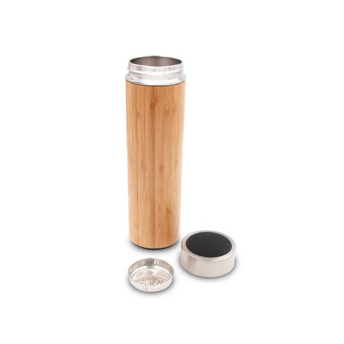Bambusowy termos 500 ml, posiada sitko zatrzymujące fusy oraz cyfrowy wyświetlacz temperatury napojów drewno V4871-17 (1)